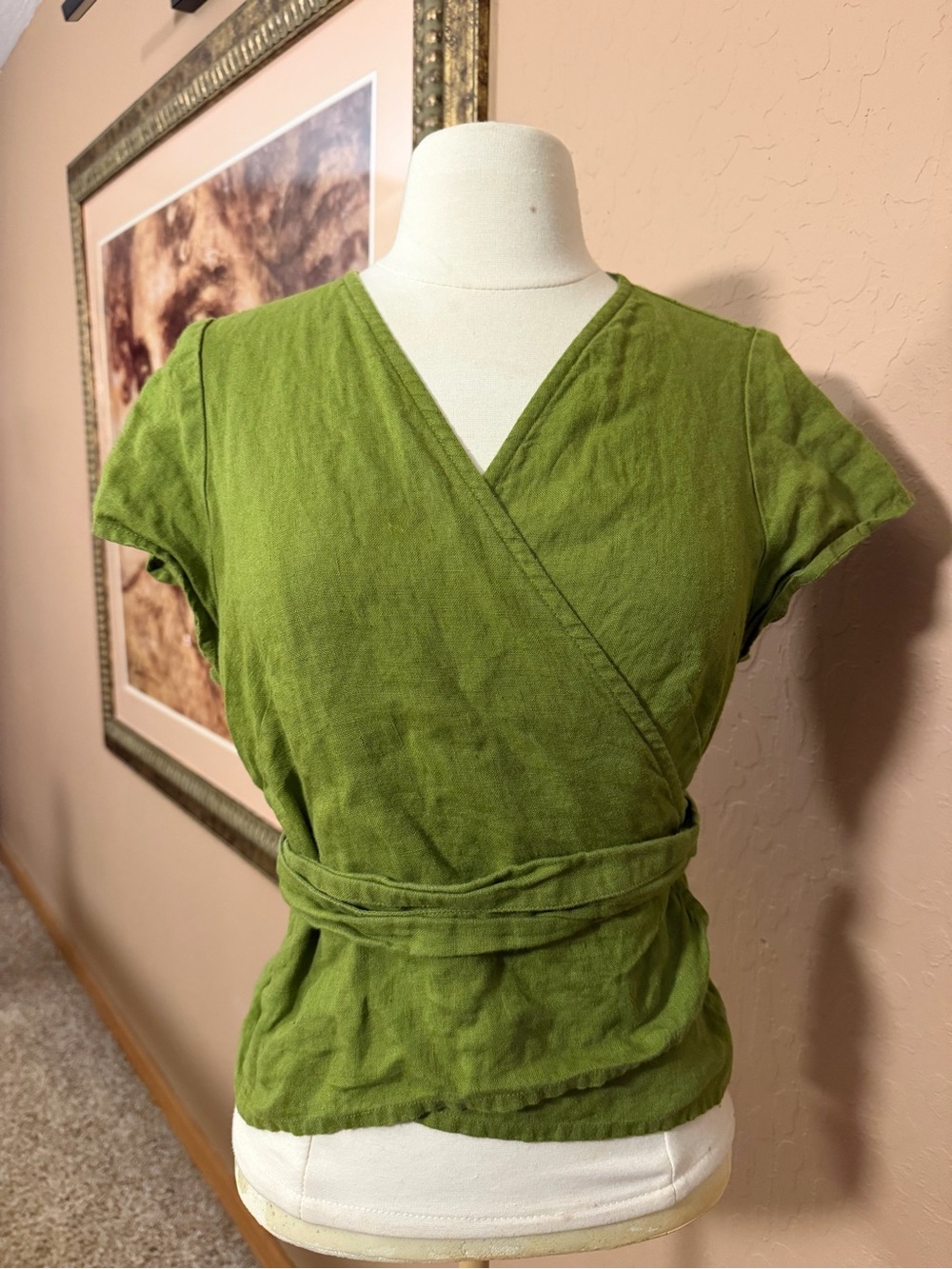 notPERFECTLINEN Olive Wrap-Style Short Sleeve Top 100% Linen Size M